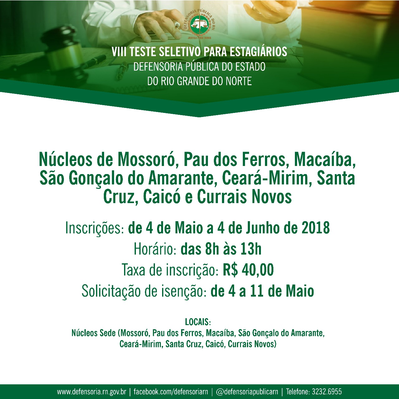 Defensoria Pública do RN abre VIII Teste Seletivo para estagiários de Direito
