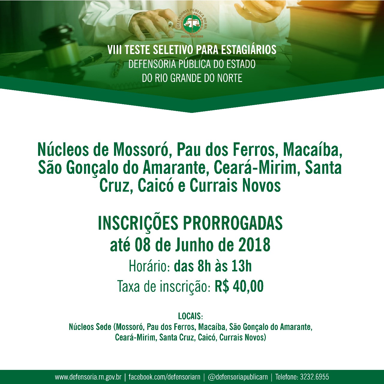 Prorrogado prazo de inscrições para VIII Teste Seletivo da DPE/RN