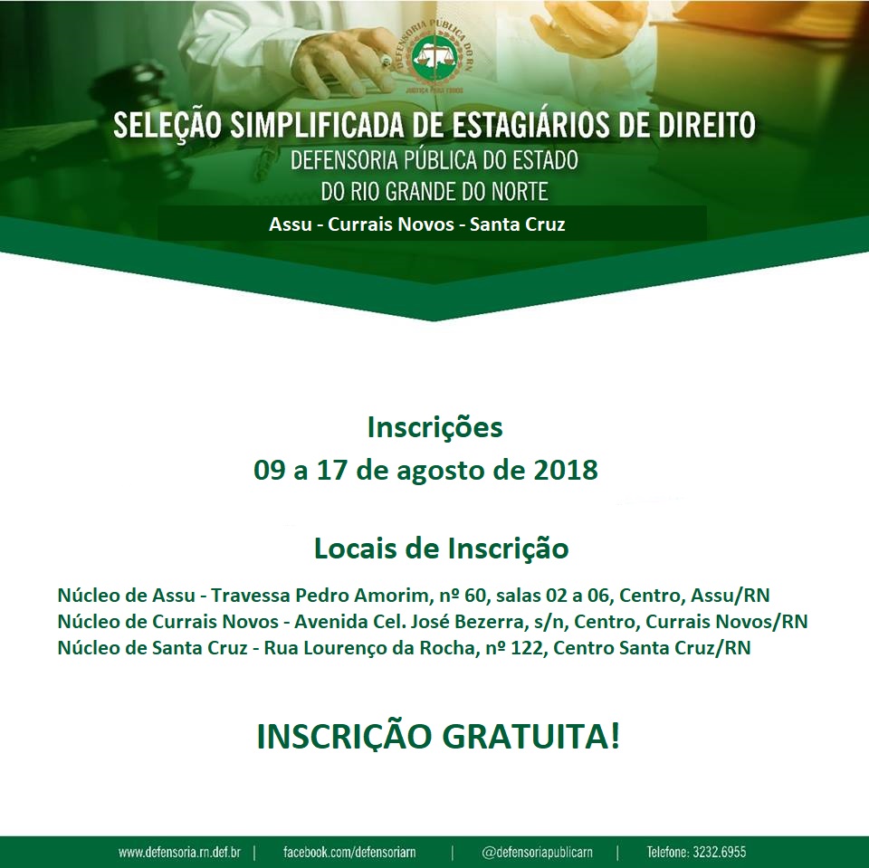 DPE/RN lança VII Seleção Simplificada para estagiários de Direito; vagas são para o interior