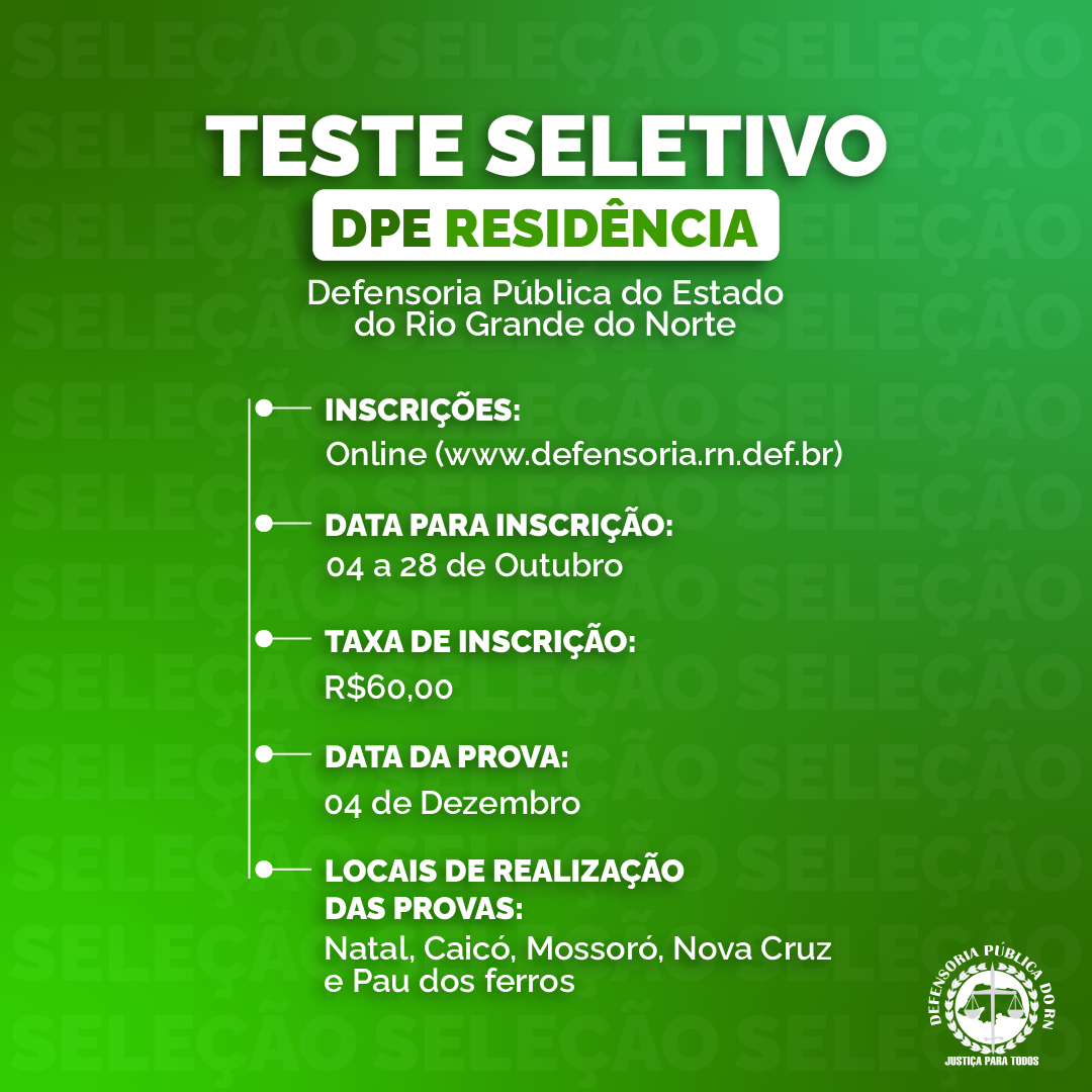 Defensoria Pública do RN lança IV Teste Seletivo para Residência em Direito com bolsas de R$ 2.000,00