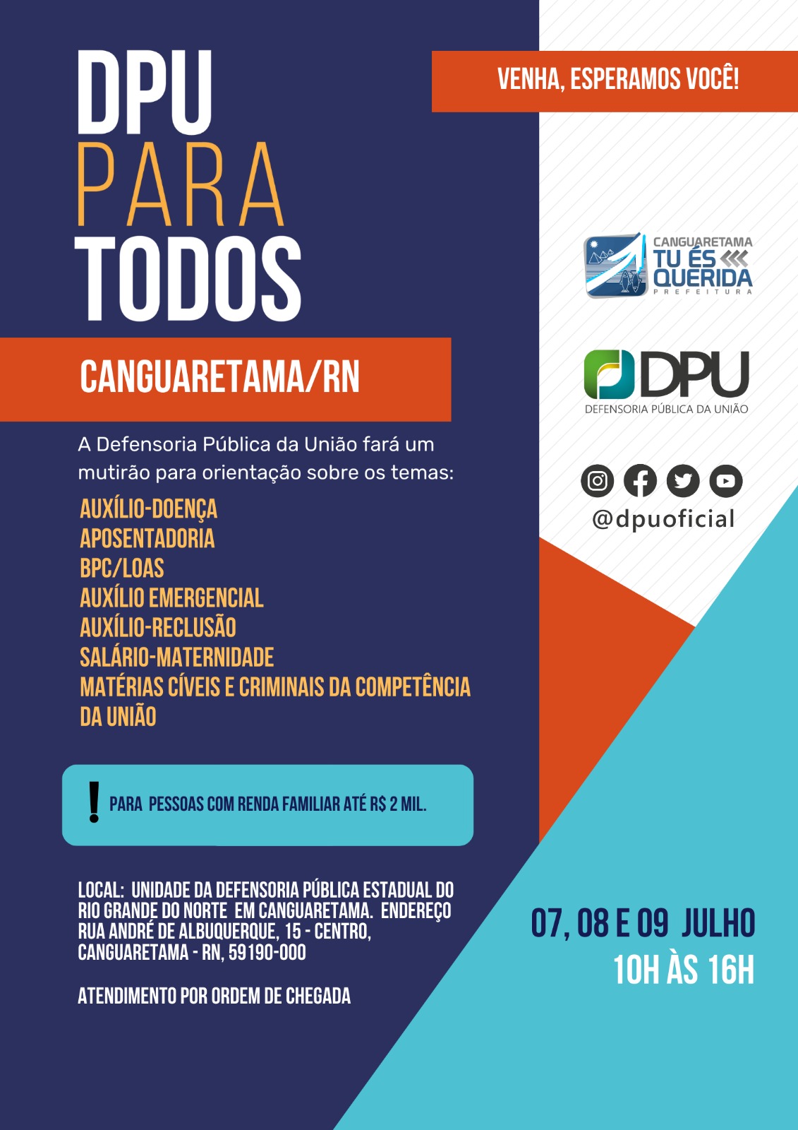 Núcleo da DPE/RN em Canguaretama receberá projeto DPU para todos de sexta a domingo (7 a 9)